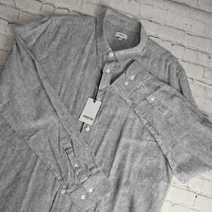 NEW Hydenyoo Button Down Long Sleeve Shirt XL Navy Blue Striped Linen Blend‎
